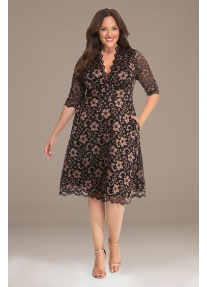 3/4 Illusion Mon Cherie Plus Size Lace Dress - This short plus-size dress features two-toned lace, a